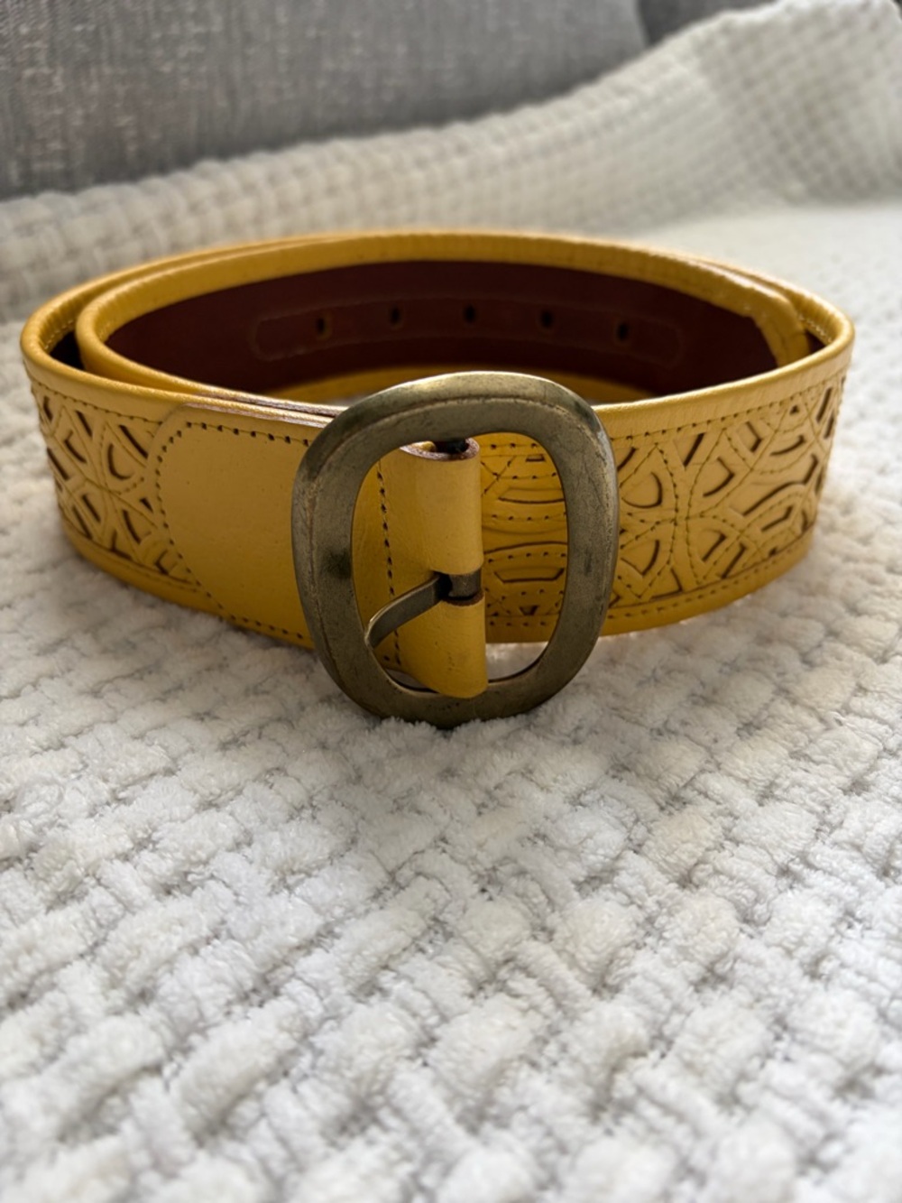 Tracy Reese Womens Yellow Leather Patterned Belt Small 2” wide x 30”-34” long